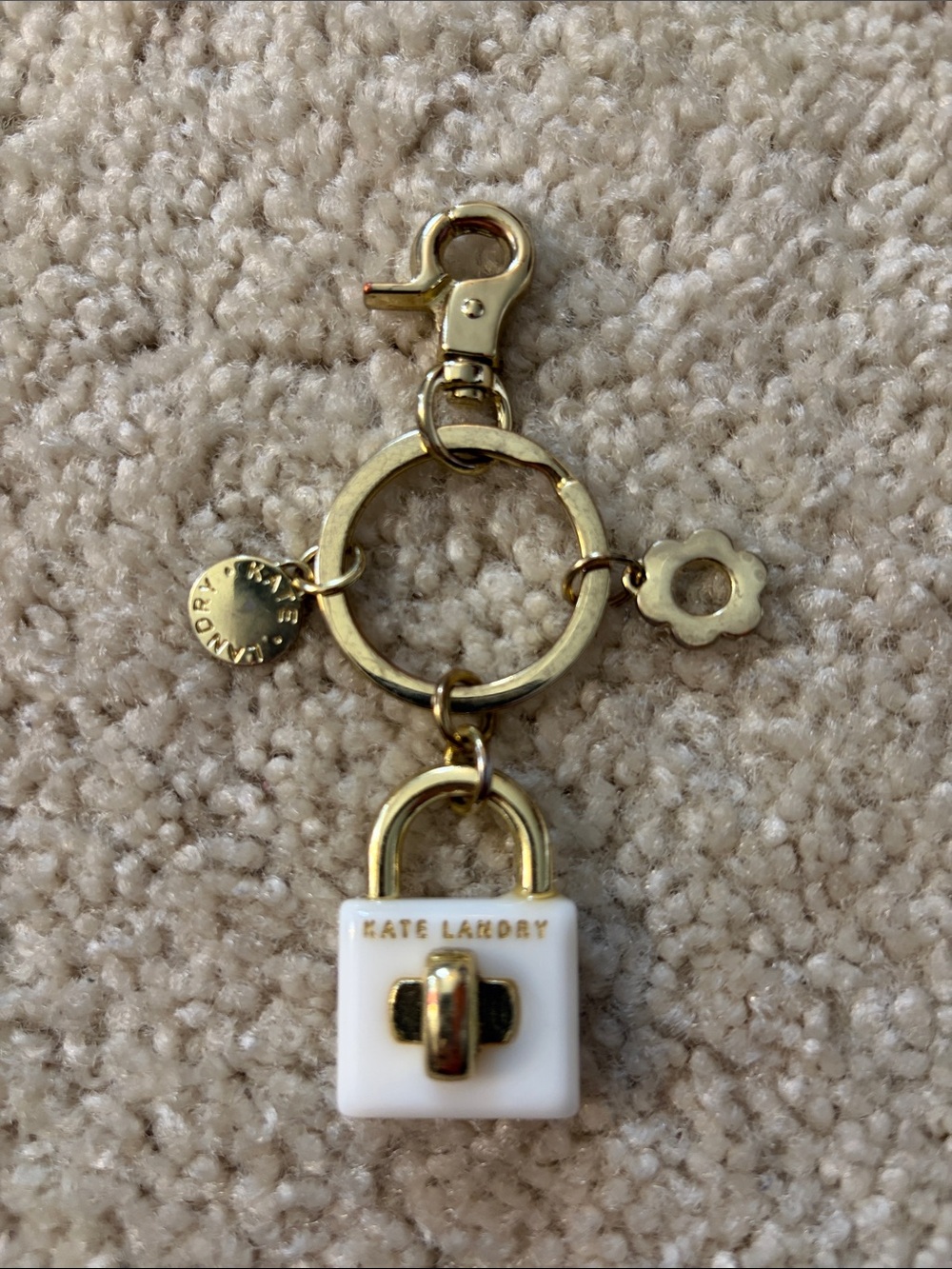 Kate Landry Decorative White and Gold Padlock Key Charm with Logo